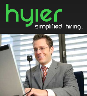Hyier logo and image of job candidate using webcam