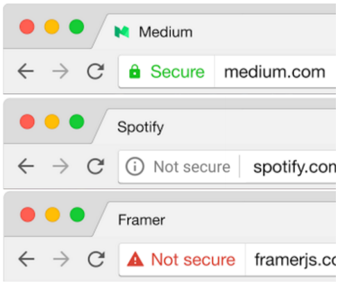 Google’s new warning scheme for Chrome, indicating an HTTPS-encrypted site (top), a non-HTTPS site (middle), and a site with faulty HTTPS (bottom).